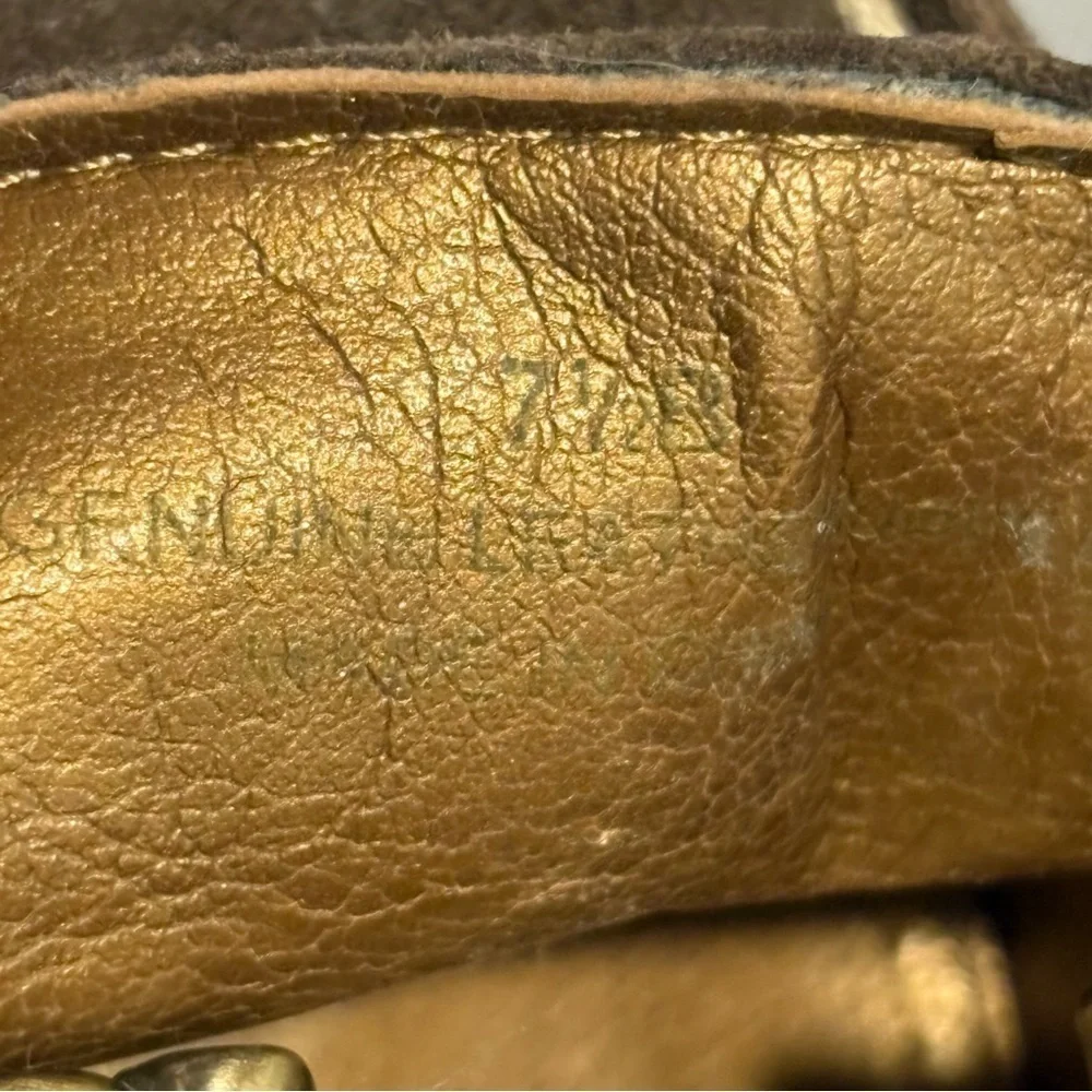 Talbots Brown Suede Wedge Heel Loafer Brass Horse Bit Buckle Womens 7.5B 7.5